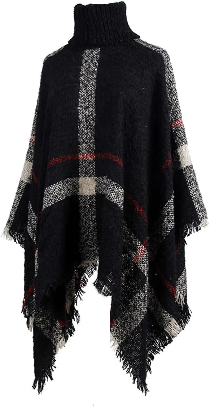 Womens Turtleneck Ponchos Sweater Versatile Lightweight Striped Knit Shawl Wraps Scarf Raw Hem Pullover Tops Cape Gift