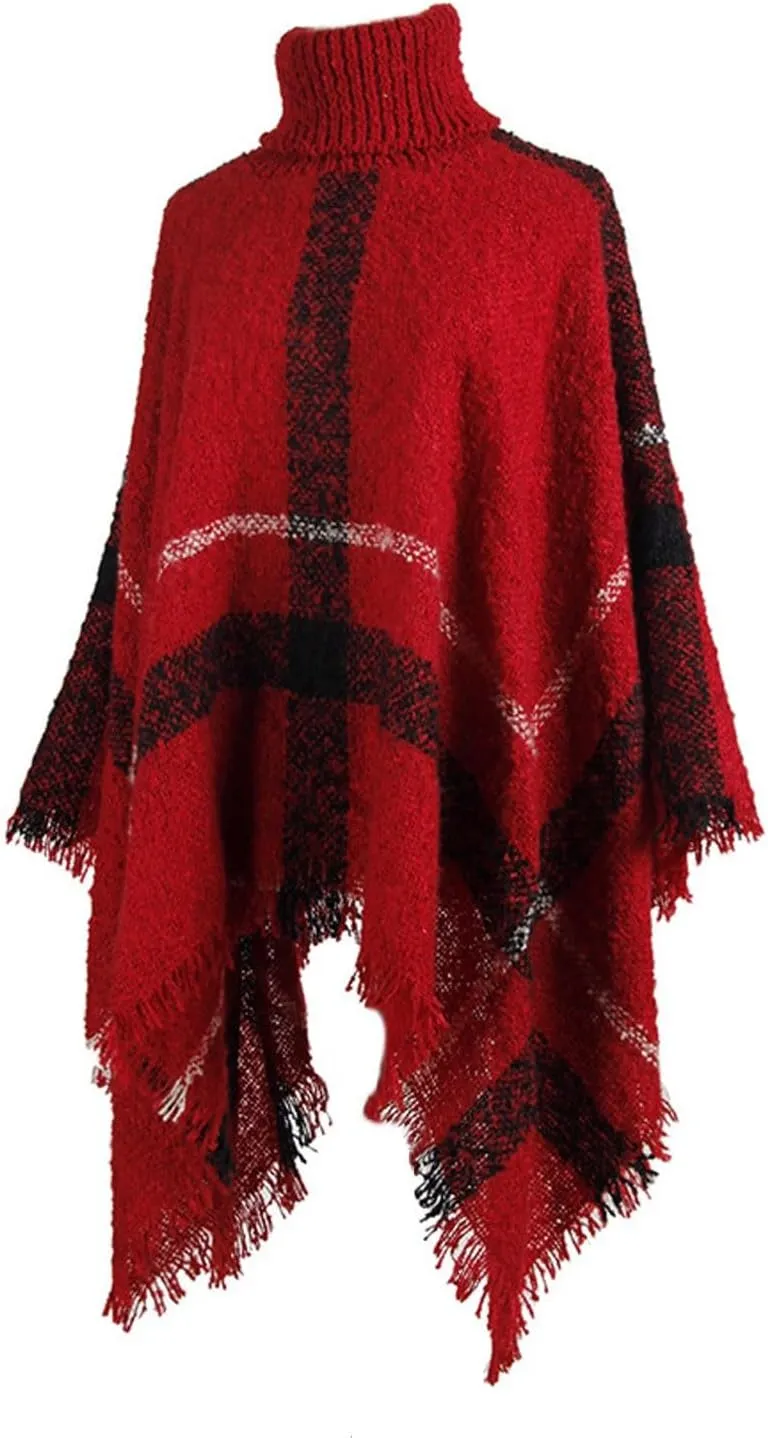 Womens Turtleneck Ponchos Sweater Versatile Lightweight Striped Knit Shawl Wraps Scarf Raw Hem Pullover Tops Cape Gift