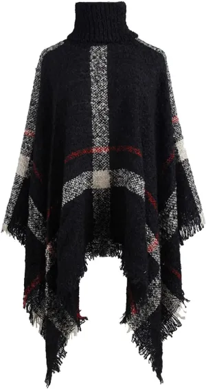 Womens Turtleneck Ponchos Sweater Versatile Lightweight Striped Knit Shawl Wraps Scarf Raw Hem Pullover Tops Cape Gift