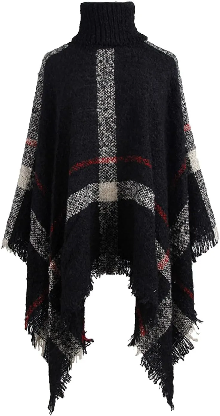 Womens Turtleneck Ponchos Sweater Versatile Lightweight Striped Knit Shawl Wraps Scarf Raw Hem Pullover Tops Cape Gift