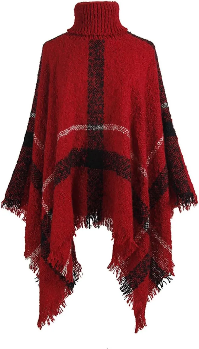 Womens Turtleneck Ponchos Sweater Versatile Lightweight Striped Knit Shawl Wraps Scarf Raw Hem Pullover Tops Cape Gift