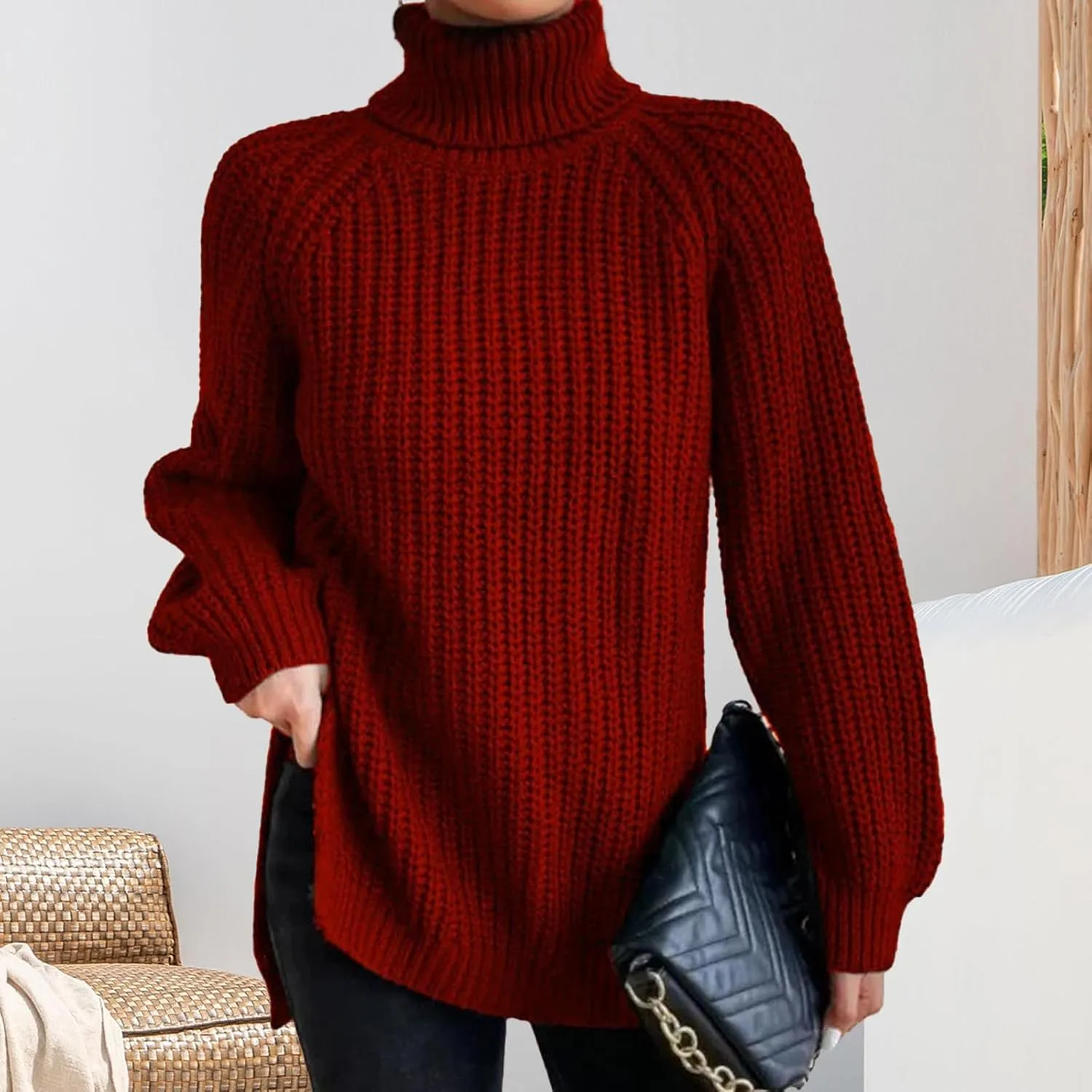 Women's Turtleneck Pullover Sweaters 2024 Oversized Long Sleeve High Neck Knitted Casual Fall Winter Tops Sweaters