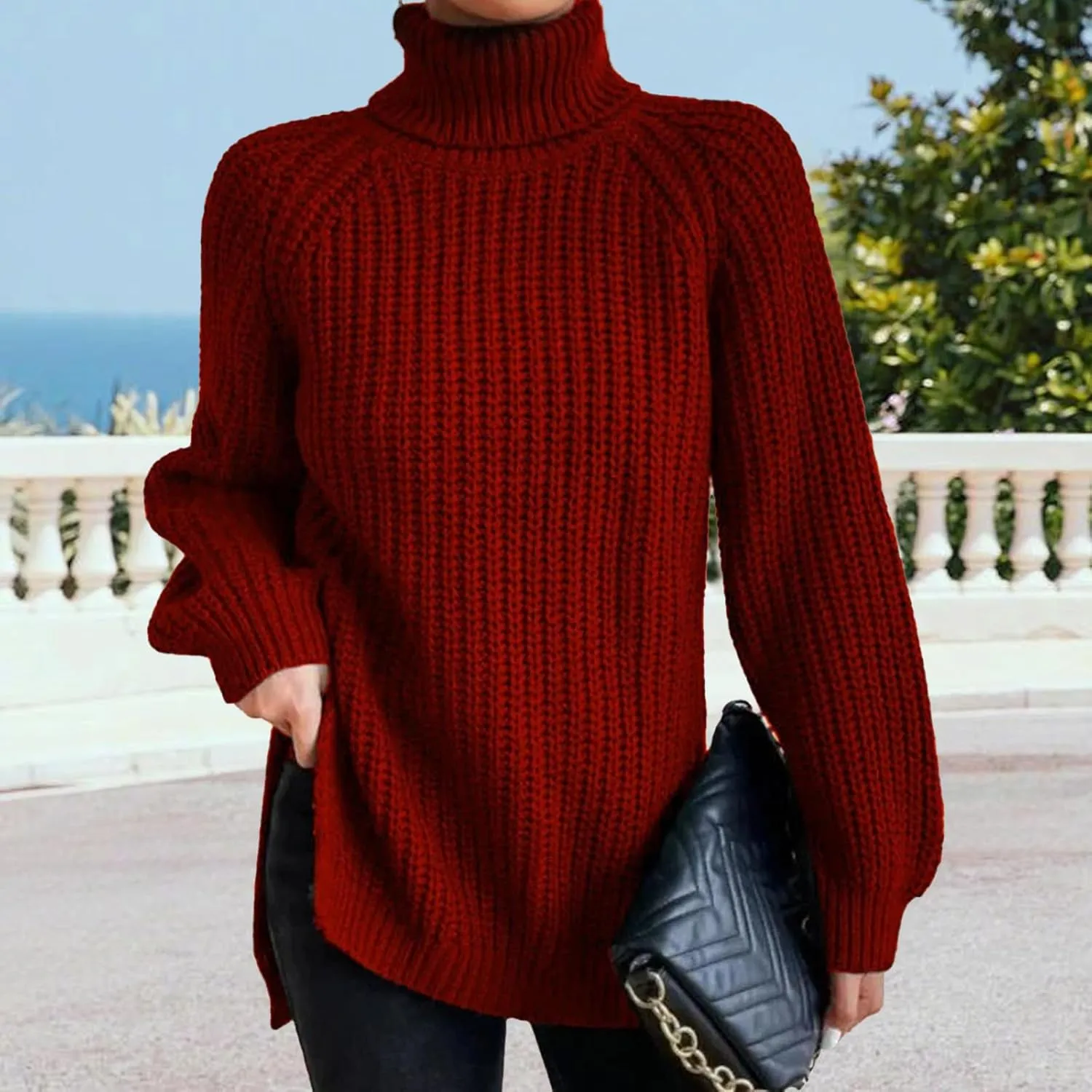 Women's Turtleneck Pullover Sweaters 2024 Oversized Long Sleeve High Neck Knitted Casual Fall Winter Tops Sweaters