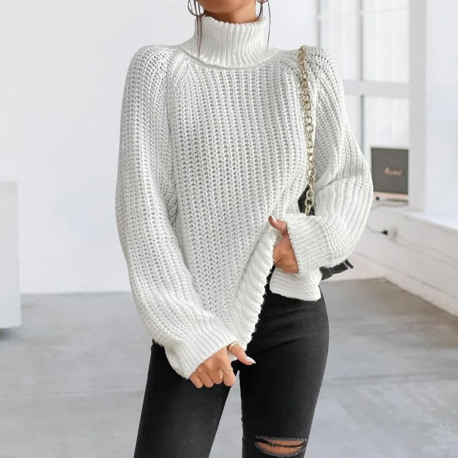 Women's Turtleneck Pullover Sweaters 2024 Oversized Long Sleeve High Neck Knitted Casual Fall Winter Tops Sweaters