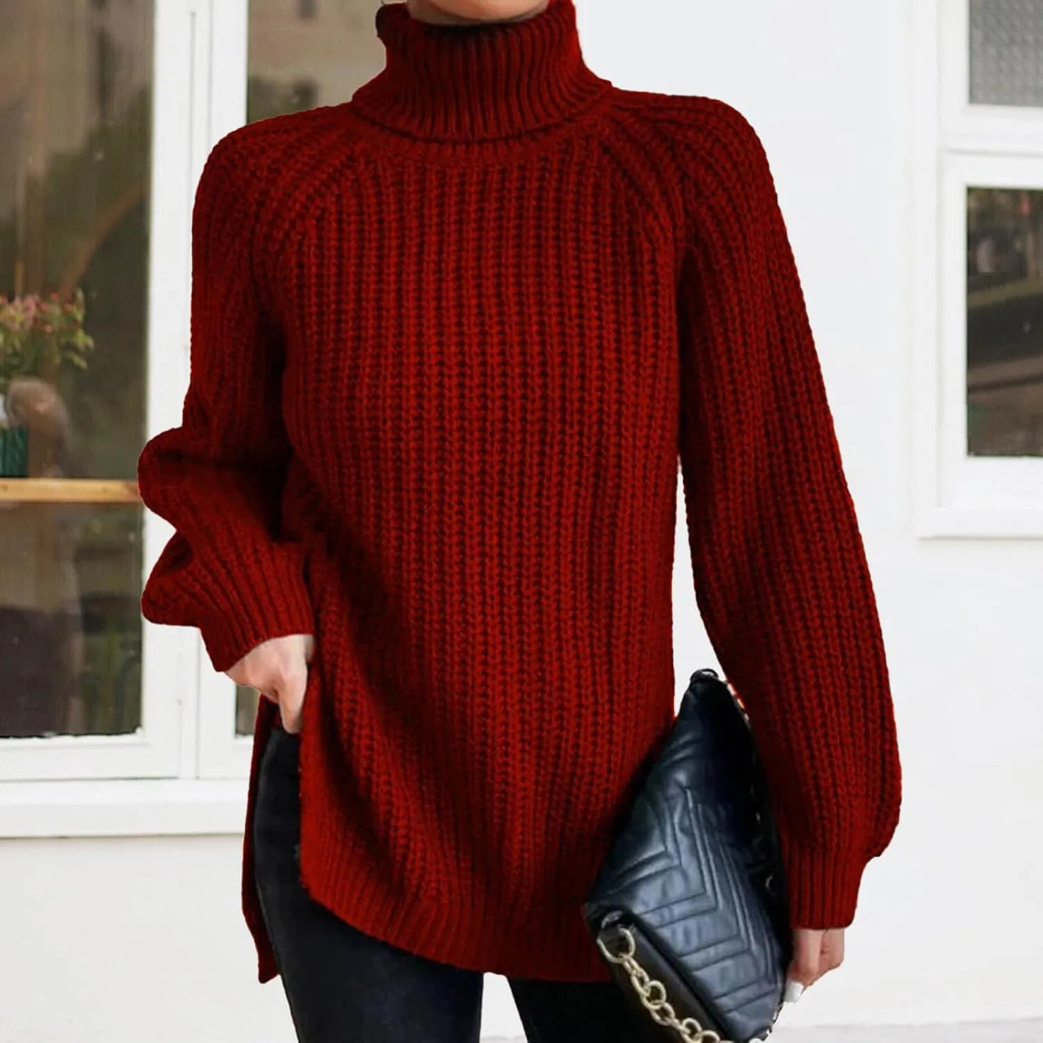 Women's Turtleneck Pullover Sweaters 2024 Oversized Long Sleeve High Neck Knitted Casual Fall Winter Tops Sweaters