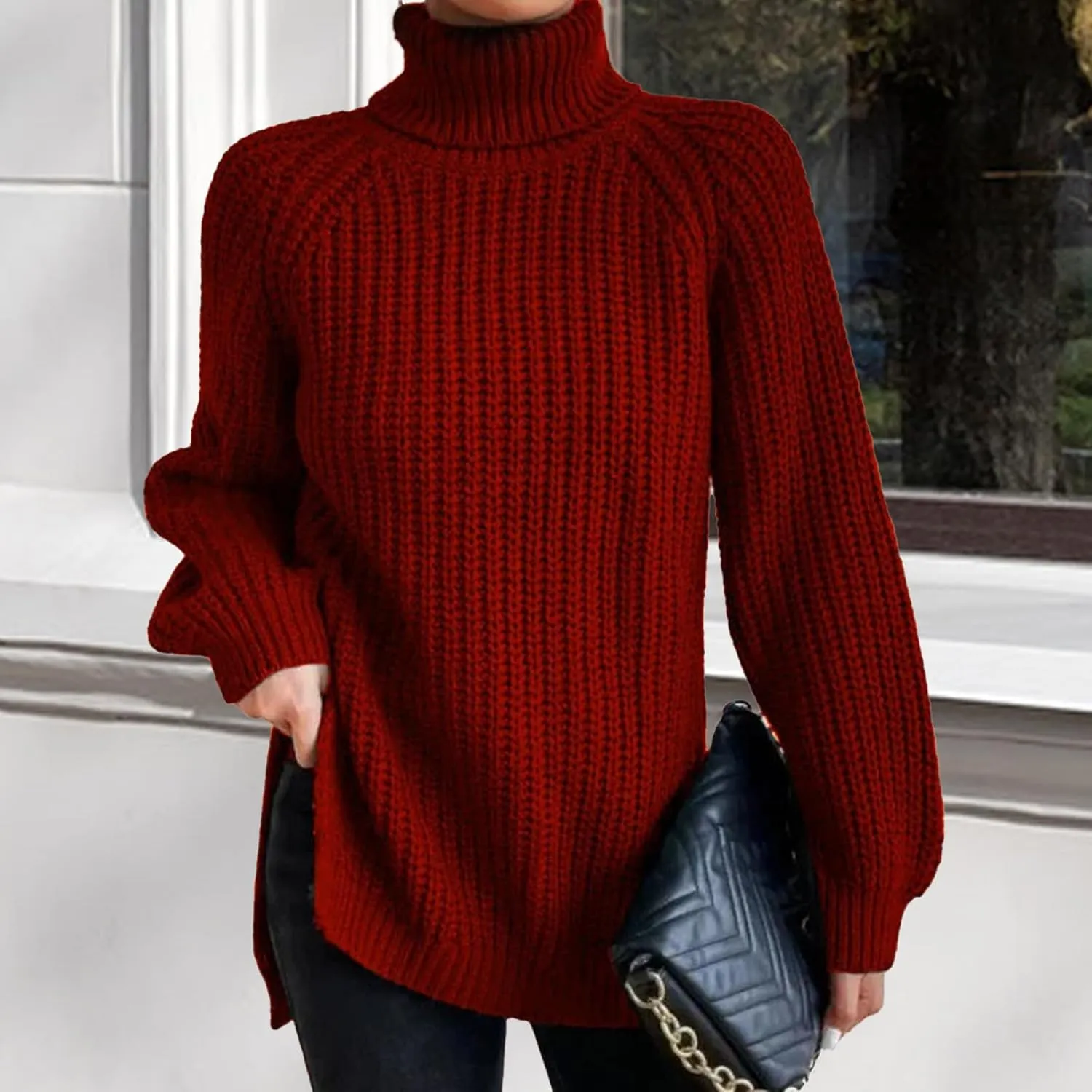 Women's Turtleneck Pullover Sweaters 2024 Oversized Long Sleeve High Neck Knitted Casual Fall Winter Tops Sweaters