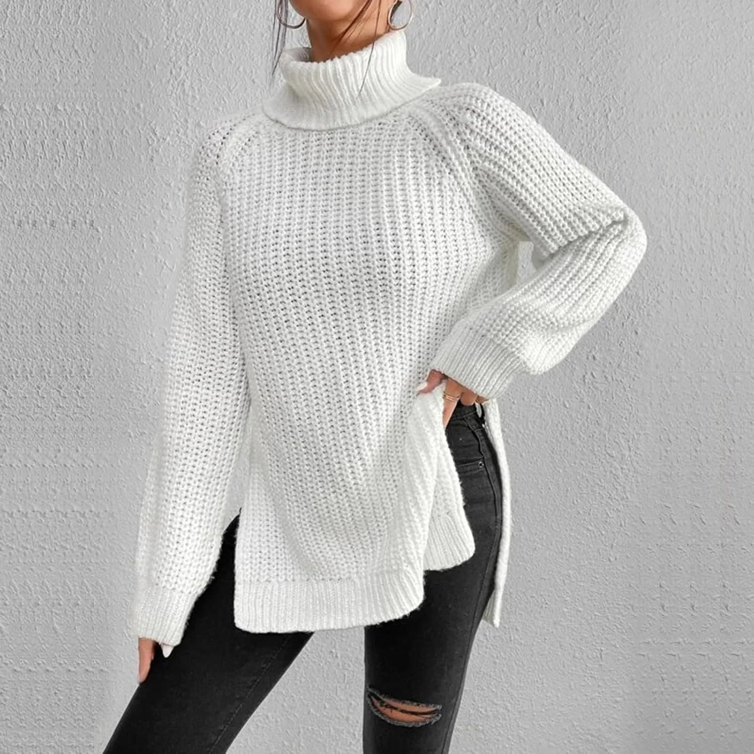Women's Turtleneck Pullover Sweaters 2024 Oversized Long Sleeve High Neck Knitted Casual Fall Winter Tops Sweaters