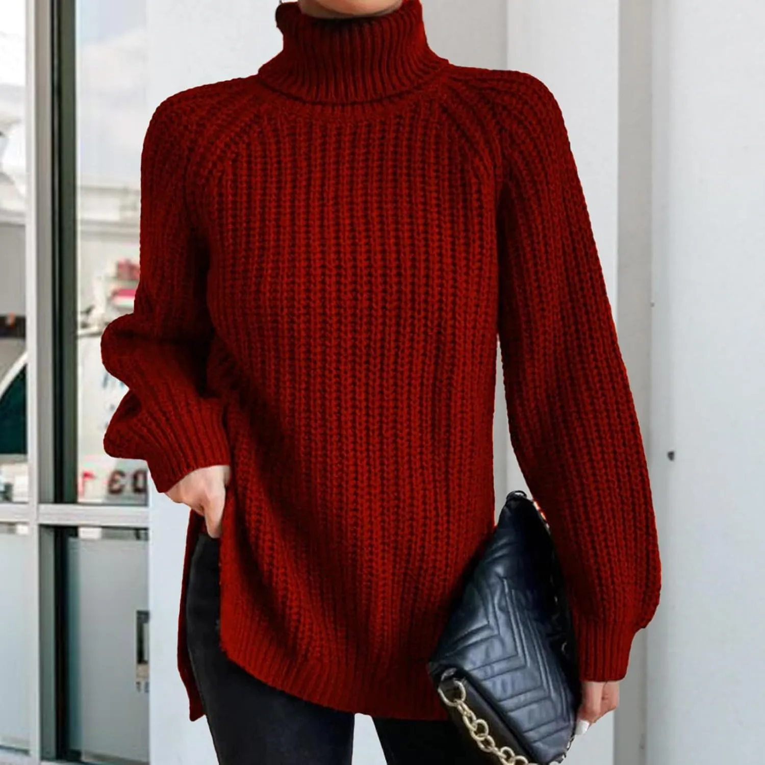 Women's Turtleneck Pullover Sweaters 2024 Oversized Long Sleeve High Neck Knitted Casual Fall Winter Tops Sweaters