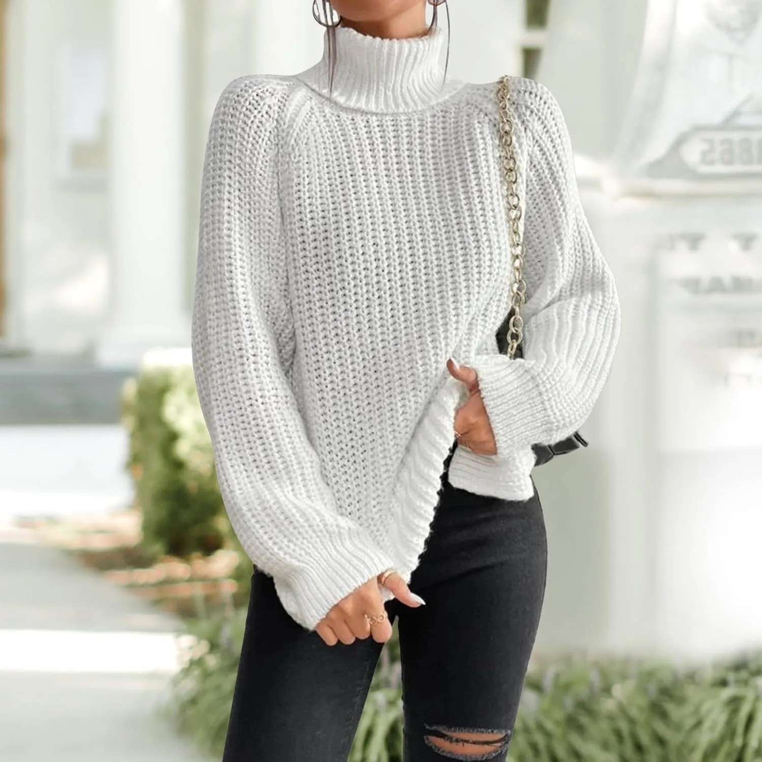 Women's Turtleneck Pullover Sweaters 2024 Oversized Long Sleeve High Neck Knitted Casual Fall Winter Tops Sweaters