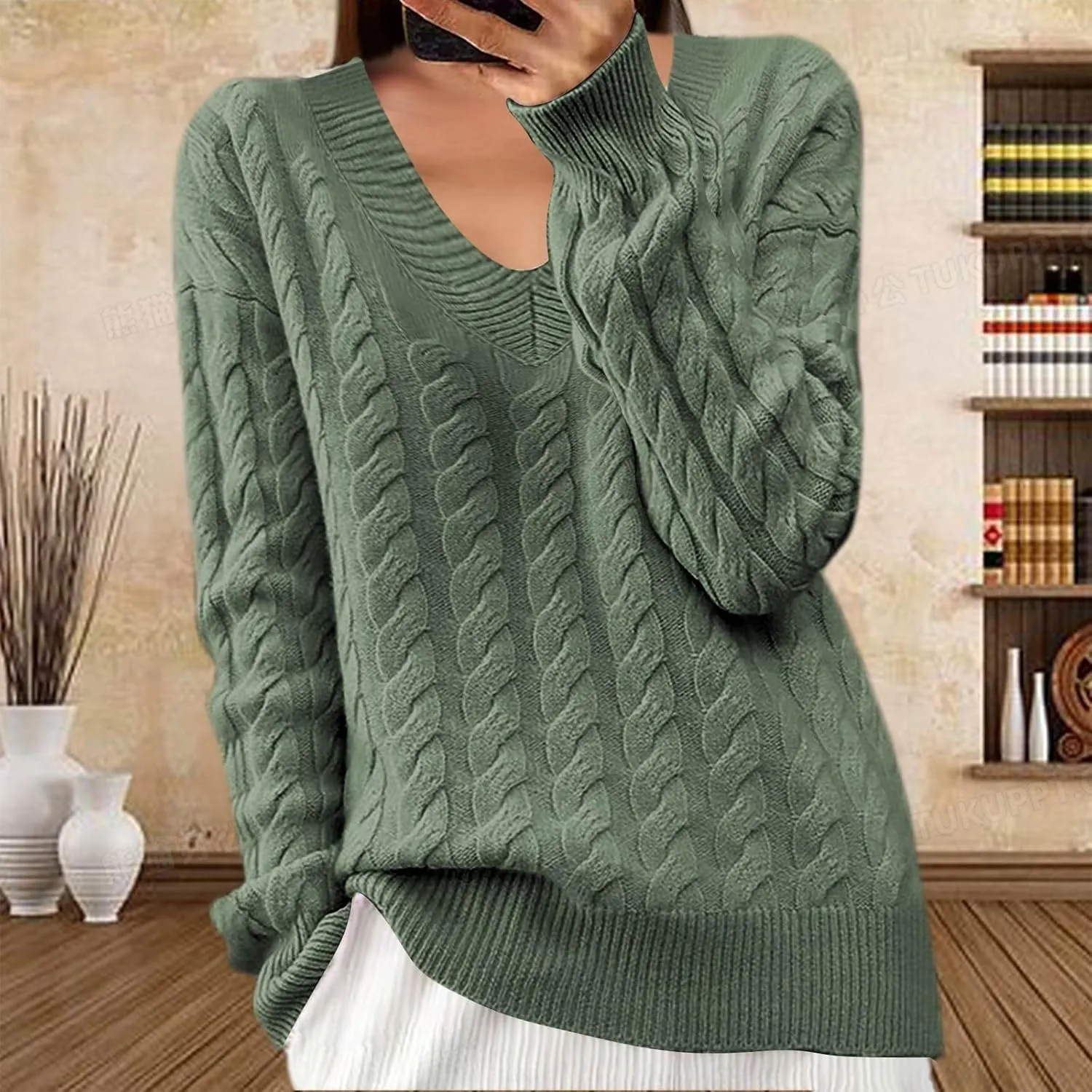 Women's V Neck Cable Knit Sweaters Chunky Warm Pullover Crewneck Long Sleeve Baggy Knitwear Loose Fit Jumper Tops