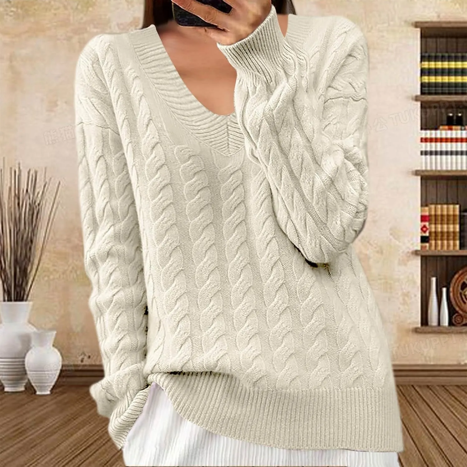 Women's V Neck Cable Knit Sweaters Chunky Warm Pullover Crewneck Long Sleeve Baggy Knitwear Loose Fit Jumper Tops