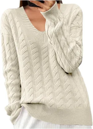 Women's V Neck Cable Knit Sweaters Chunky Warm Pullover Crewneck Long Sleeve Baggy Knitwear Loose Fit Jumper Tops