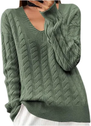 Women's V Neck Cable Knit Sweaters Chunky Warm Pullover Crewneck Long Sleeve Baggy Knitwear Loose Fit Jumper Tops