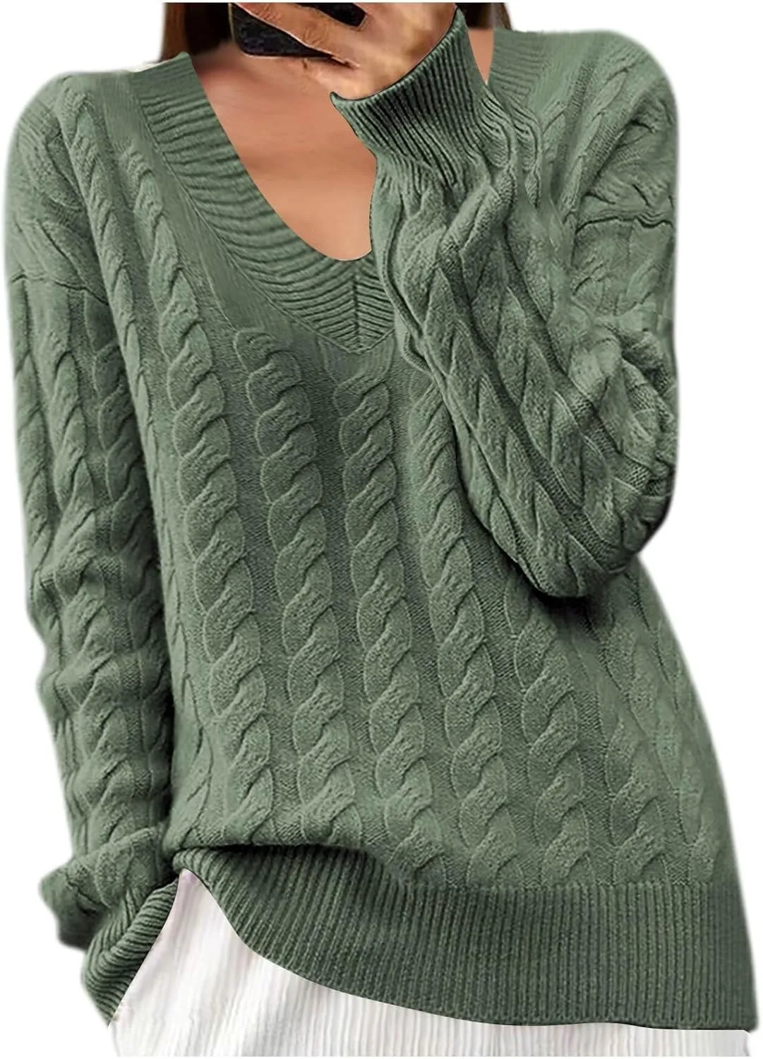 Women's V Neck Cable Knit Sweaters Chunky Warm Pullover Crewneck Long Sleeve Baggy Knitwear Loose Fit Jumper Tops