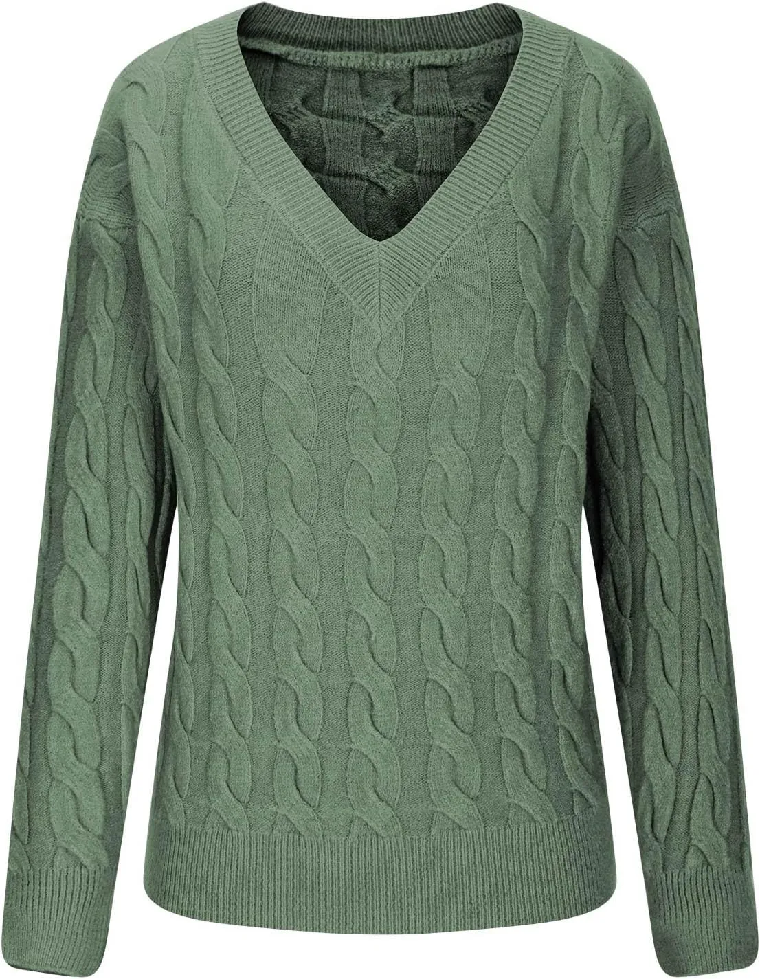 Women's V Neck Cable Knit Sweaters Chunky Warm Pullover Crewneck Long Sleeve Baggy Knitwear Loose Fit Jumper Tops