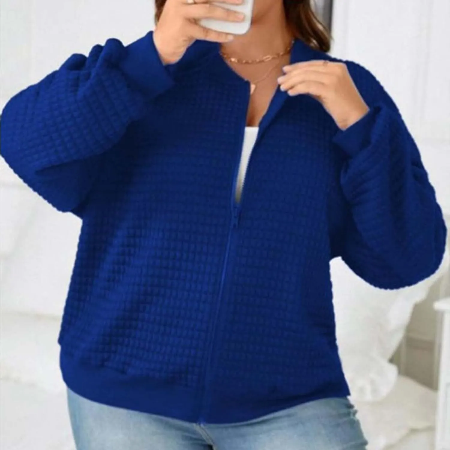 Womens Waffle Jackets Solid Color Full Zip Up Stand Neck Casual Loose Hoodies Long Sleeve Fashion Outwear Sports Coat