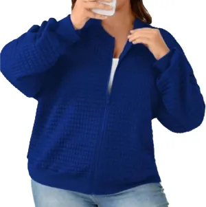 Womens Waffle Jackets Solid Color Full Zip Up Stand Neck Casual Loose Hoodies Long Sleeve Fashion Outwear Sports Coat