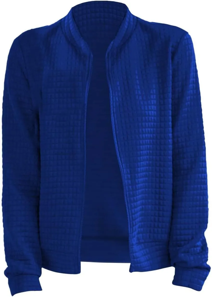 Womens Waffle Jackets Solid Color Full Zip Up Stand Neck Casual Loose Hoodies Long Sleeve Fashion Outwear Sports Coat
