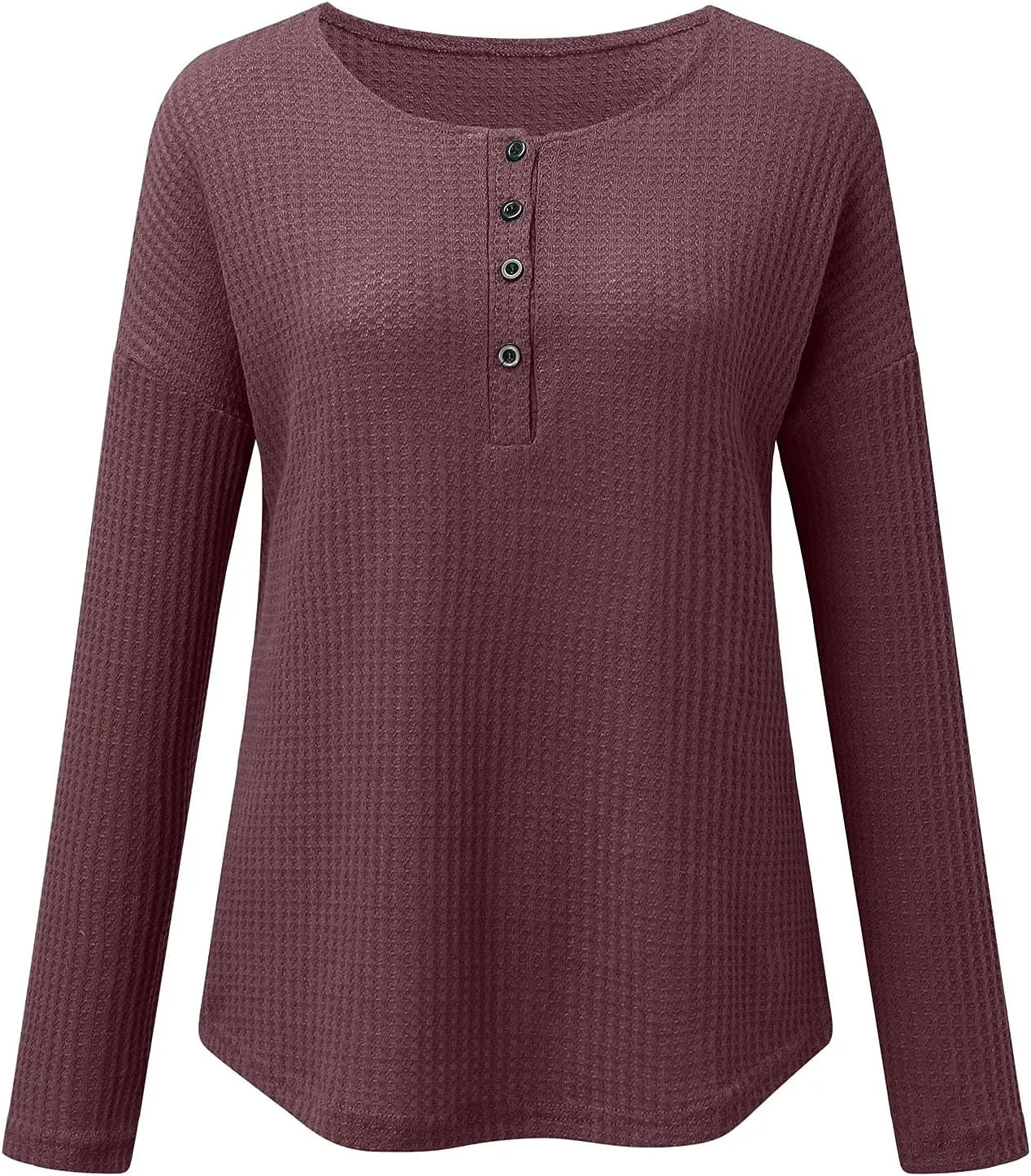 Women's Waffle Tops Casual Knitted Quarter Button Down V Neck Solid Color Long Sleeve Tunics Daily Fashion Work Tops