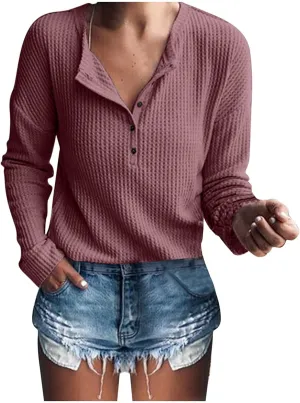 Women's Waffle Tops Casual Knitted Quarter Button Down V Neck Solid Color Long Sleeve Tunics Daily Fashion Work Tops