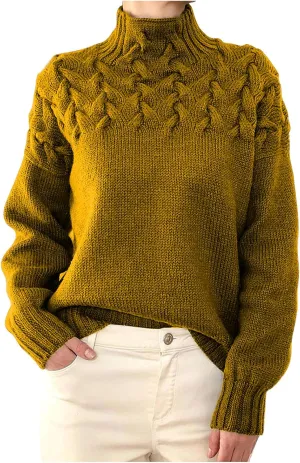 Womens Winter Casual Long Sleeve Solid Color Cable Knit Balloon Sleeve Mock Neck Sweater Warm Basic Pullover
