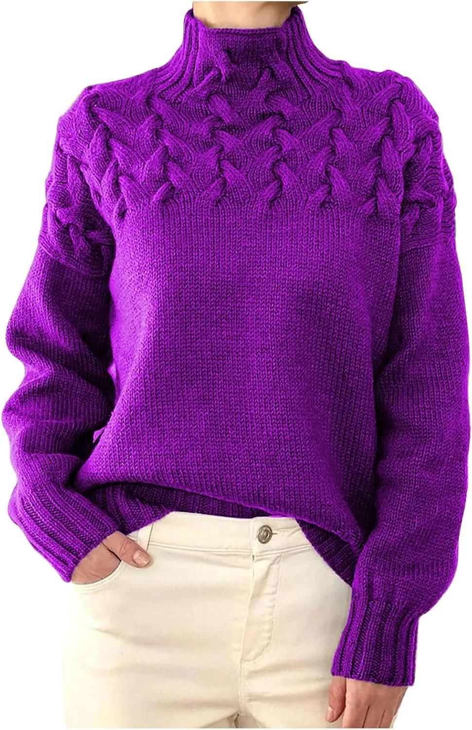 Womens Winter Casual Long Sleeve Solid Color Cable Knit Balloon Sleeve Mock Neck Sweater Warm Basic Pullover
