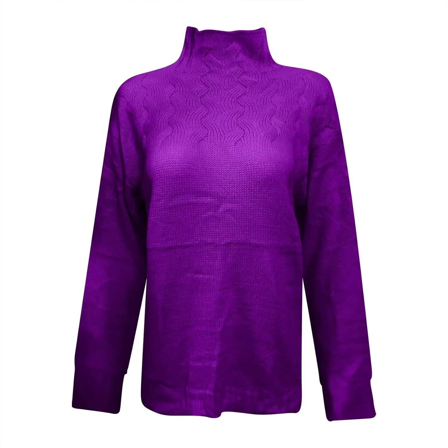 Womens Winter Casual Long Sleeve Solid Color Cable Knit Balloon Sleeve Mock Neck Sweater Warm Basic Pullover