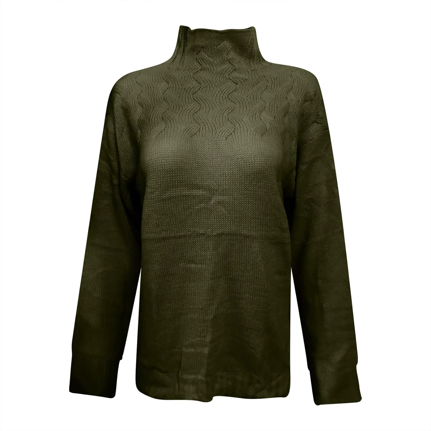 Womens Winter Casual Long Sleeve Solid Color Cable Knit Balloon Sleeve Mock Neck Sweater Warm Basic Pullover