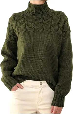 Womens Winter Casual Long Sleeve Solid Color Cable Knit Balloon Sleeve Mock Neck Sweater Warm Basic Pullover
