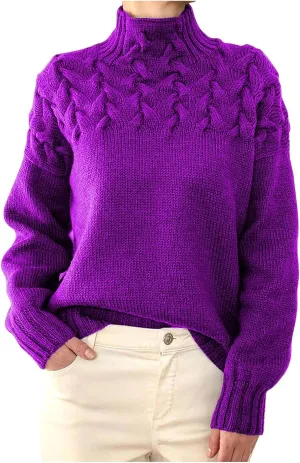 Womens Winter Casual Long Sleeve Solid Color Cable Knit Balloon Sleeve Mock Neck Sweater Warm Basic Pullover