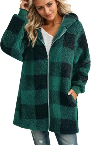 Womens Winter Jackets Plus Size Zip Up Soft Plush Hoodies Sherpa Cardigan Plaid Packable Coats With Pockets Clothes