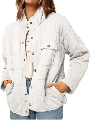 Womens Winter Quilted Coats 2023 Lightweight Long Sleeve Zip/Button Up Short Padded Down Coat Outwear, Pocket