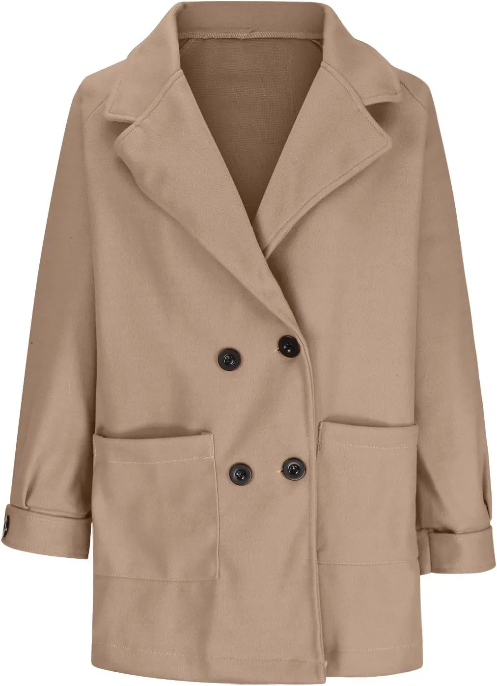 Womens Winter Trench Coat Wool Blend Mid-Long Pea Coats Double-Breasted Notch Lapel Collared Jacket Outwear