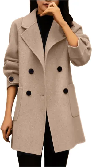 Womens Winter Trench Coat Wool Blend Mid-Long Pea Coats Double-Breasted Notch Lapel Collared Jacket Outwear