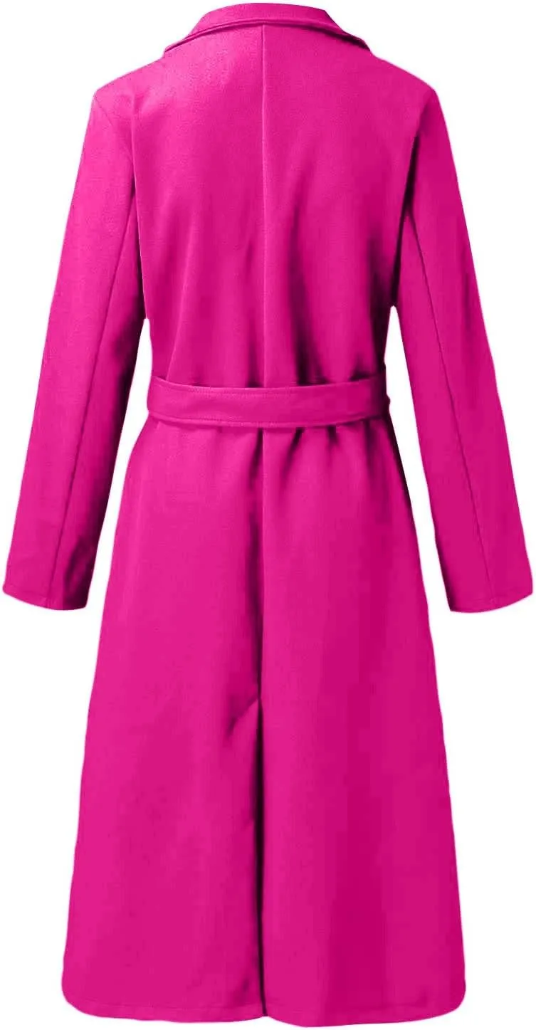 Womens Winter Trench Coats Elegant Long Length Slim Fit Coats Open Front Belt Overcoat Long Lapel Collar Pea Coat