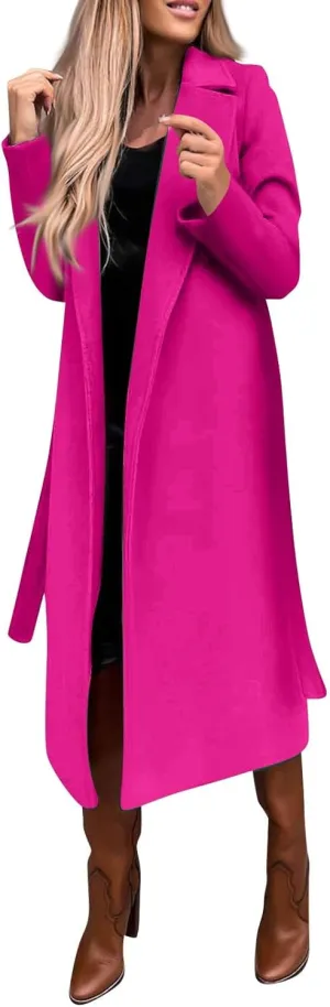 Womens Winter Trench Coats Elegant Long Length Slim Fit Coats Open Front Belt Overcoat Long Lapel Collar Pea Coat