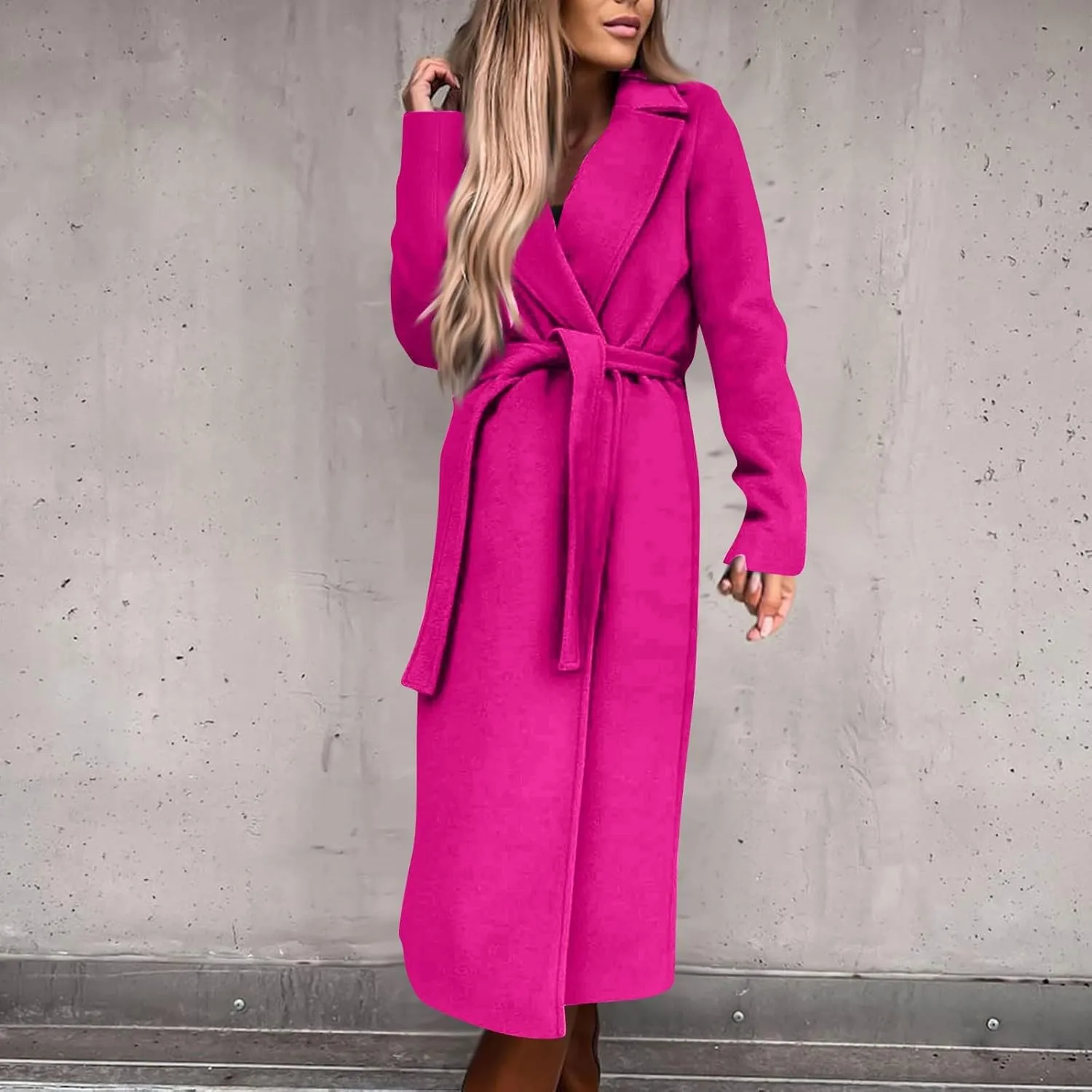Womens Winter Trench Coats Elegant Long Length Slim Fit Coats Open Front Belt Overcoat Long Lapel Collar Pea Coat