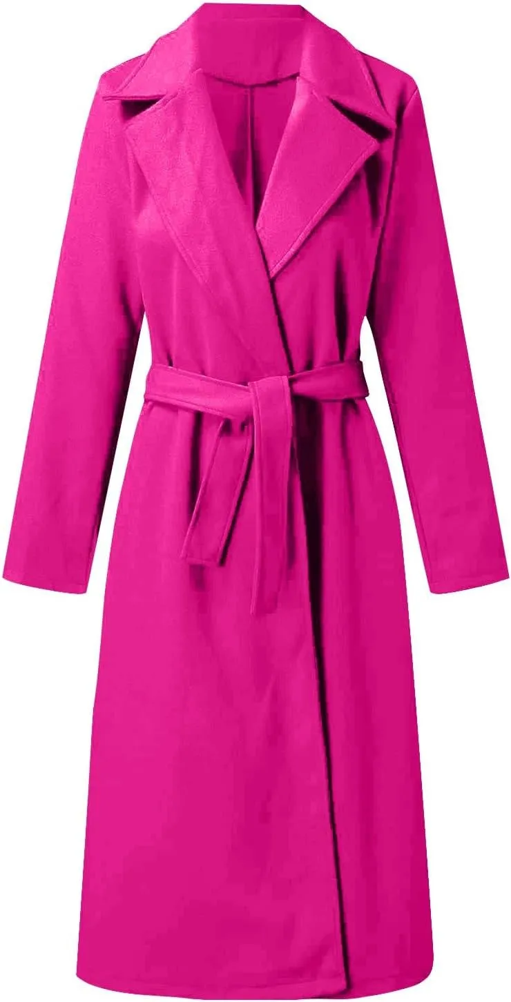 Womens Winter Trench Coats Elegant Long Length Slim Fit Coats Open Front Belt Overcoat Long Lapel Collar Pea Coat