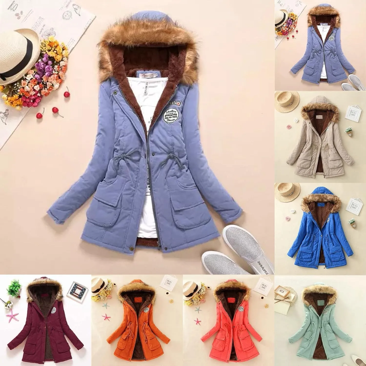 Womens Winter Warm Coats Sherpa Lined Hooded Parkas Jackets Thickened Windproof Outerwear with Fur Hood Plus Size