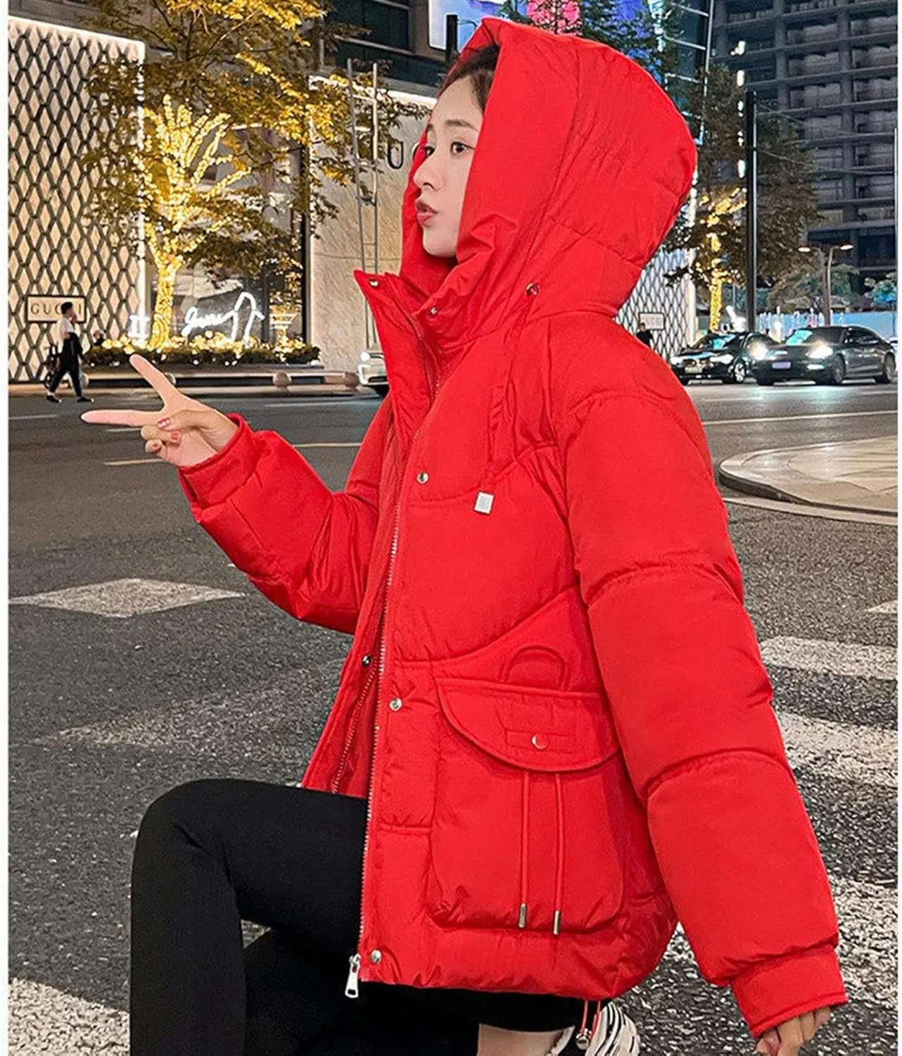 Women's Winter Zip Cropped Puffer Jacket Long Sleeve Warm Hooded Down Coats Loose Fit Quilted Jacket with Pocket