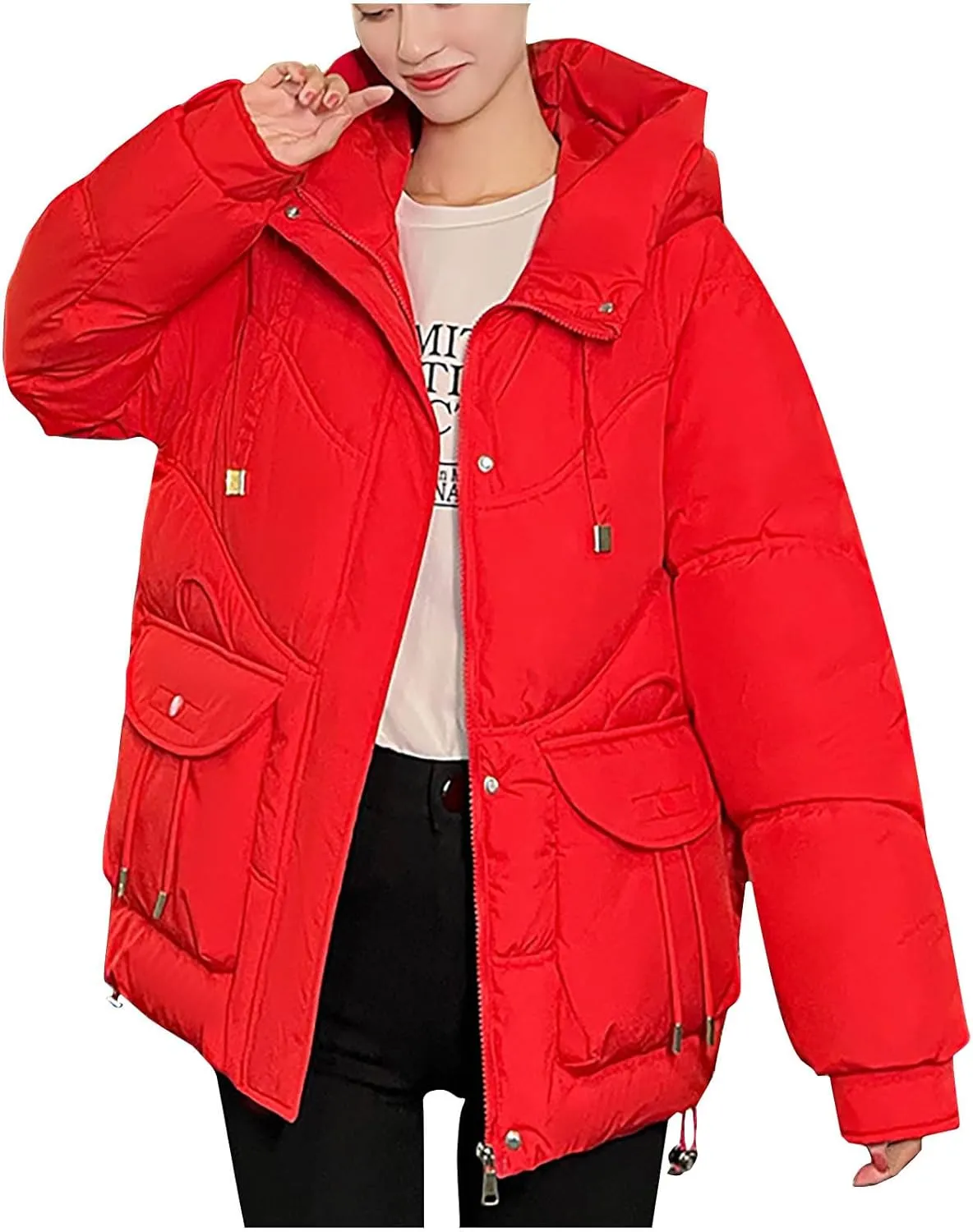 Women's Winter Zip Cropped Puffer Jacket Long Sleeve Warm Hooded Down Coats Loose Fit Quilted Jacket with Pocket
