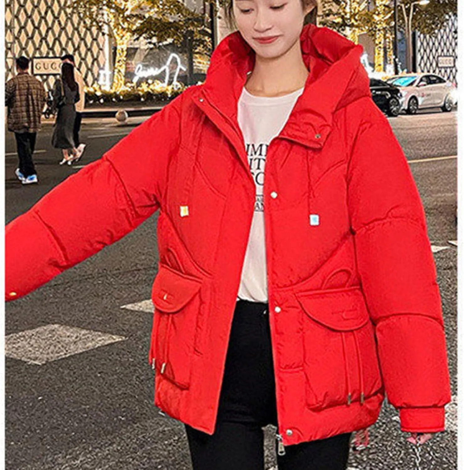 Women's Winter Zip Cropped Puffer Jacket Long Sleeve Warm Hooded Down Coats Loose Fit Quilted Jacket with Pocket