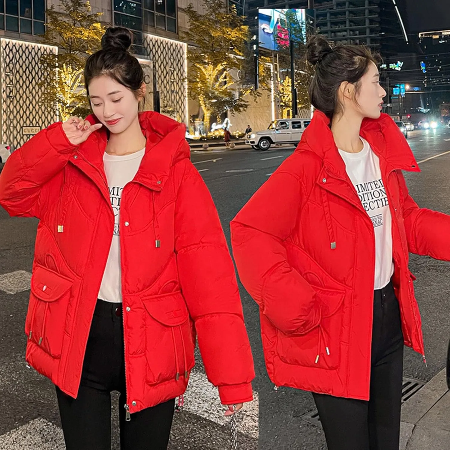 Women's Winter Zip Cropped Puffer Jacket Long Sleeve Warm Hooded Down Coats Loose Fit Quilted Jacket with Pocket
