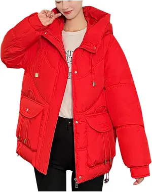 Women's Winter Zip Cropped Puffer Jacket Long Sleeve Warm Hooded Down Coats Loose Fit Quilted Jacket with Pocket