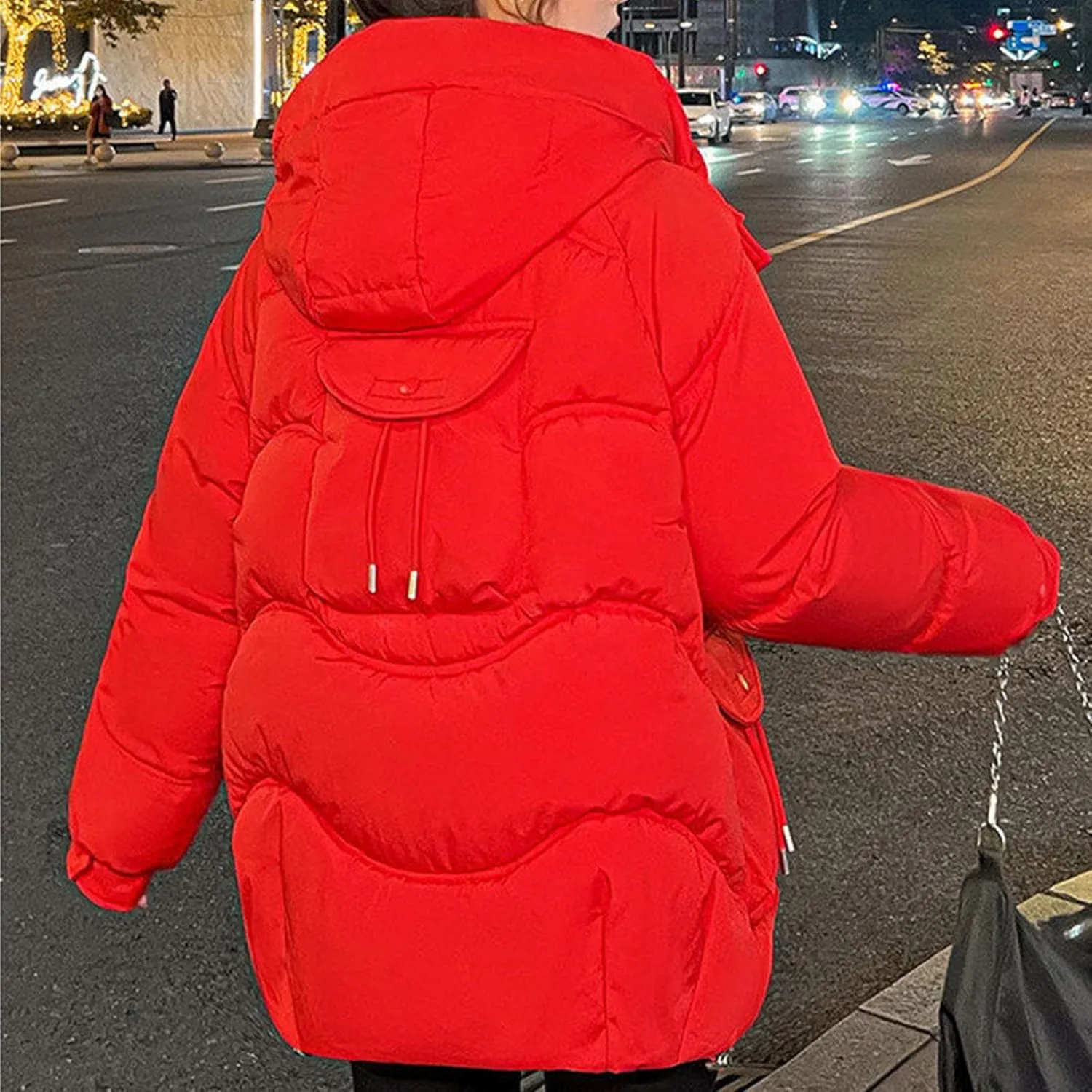 Women's Winter Zip Cropped Puffer Jacket Long Sleeve Warm Hooded Down Coats Loose Fit Quilted Jacket with Pocket