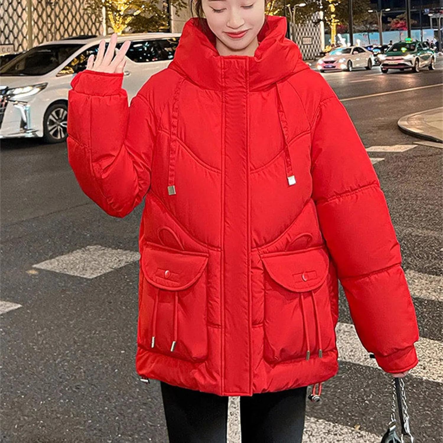 Women's Winter Zip Cropped Puffer Jacket Long Sleeve Warm Hooded Down Coats Loose Fit Quilted Jacket with Pocket