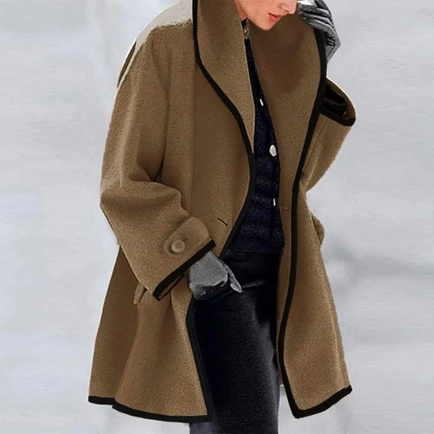 Womens Wool Blend Coat Single Breasted Trench Jackets with Hood Open Front Wool Coat Wool Blend Trench