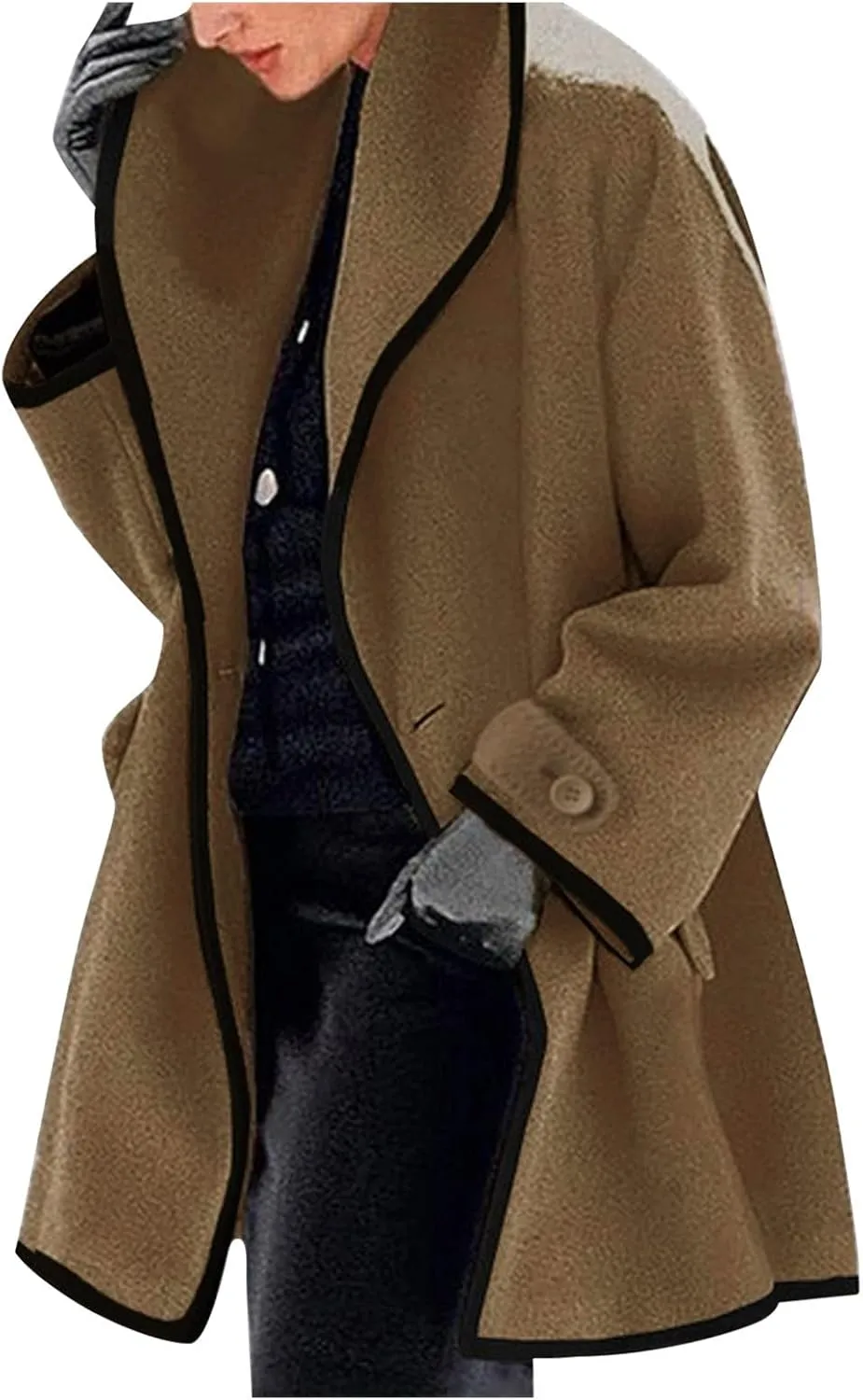 Womens Wool Blend Coat Single Breasted Trench Jackets with Hood Open Front Wool Coat Wool Blend Trench