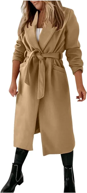 Women's Wool Blend Trench Coat Winter Jackets Mid Long Warm Pea Coats Dressy Casual Double Breasted Overcoat & Pocket