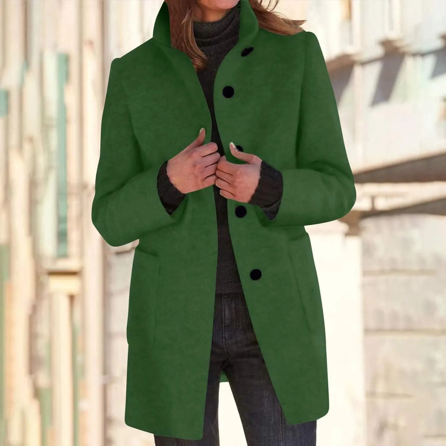 Women's Wool Blend Trench Jacket Button Pea Coat Open Front Woolen Coats Female Solid Trendy Outerwear with Pocket
